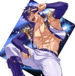  1boy abs bara bare_pectorals belt boots character_request commission highres indie_virtual_youtuber large_pectorals male_focus muscular muscular_male navel open_mouth pants pectorals purple_belt purple_hair short_hair skeb_commission smile solo translation_request umedairuka v virtual_youtuber white_pants 
