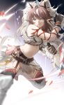  1girl arknights arm_ribbon bare_shoulders blue_eyes brown_gloves brown_hair closed_mouth commentary_request crop_top dagger fake_horns foot_out_of_frame fur-trimmed_bra garter_straps gloves highres holding holding_dagger holding_knife holding_weapon horns kirin_x_yato_(arknights) knife long_hair looking_at_viewer mane midriff monster_hunter_(series) multicolored_hair navel ribbon smile solo streaked_hair thighhighs weapon white_hair yato_(arknights) yipingtaopuzi 