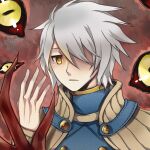  1boy :/ artist_request blue_coat brown_capelet capelet claws closed_mouth coat demon expressionless extra_eyes grey_hair hair_between_eyes hair_over_one_eye hand_up kiel-d-01 long_bangs looking_at_viewer male_focus ragnarok_online short_hair solo third-party_source upper_body yellow_eyes 