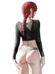  1girl ass ass_focus ass_support black_shirt braid braided_ponytail chainsaw_man crop_top faceless faceless_female facing_away from_behind highres long_hair long_sleeves makima_(chainsaw_man) panties raberu_ruru red_hair shirt simple_background solo standing thong underwear white_background white_panties 