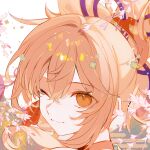  1girl :3 closed_mouth genshin_impact hair_between_eyes hair_ribbon high_ponytail highres looking_at_viewer medium_hair one_eye_closed orange_eyes orange_hair portrait ribbon solo wkwk0217 yoimiya_(genshin_impact) 