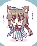  1girl animal_ear_fluff animal_ears blush bow brown_eyes brown_hair chibi green_kimono green_ribbon hair_bow hair_ribbon hands_up highres idolmaster idolmaster_cinderella_girls japanese_clothes kashimu kemonomimi_mode kimono long_hair motion_lines open_mouth ribbon solo striped striped_kimono very_long_hair wide_sleeves yorita_yoshino 