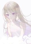  1girl absurdres bare_shoulders blonde_hair cropped_torso dress flat_chest floating_hair highres light_smile long_hair looking_at_viewer msa_(fary_white) original purple_eyes simple_background sleeveless sleeveless_dress slit_pupils solo upper_body white_background white_dress 
