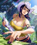  1girl black_hair book breasts cowboy_hat day english_text eyelashes hat holding holding_book large_breasts leaf light_rays long_hair looking_at_viewer moroi nico_robin one_piece outdoors poneglyph purple_nails shiny_eyes sleeveless smile tank_top twitter_username yellow_tank_top 