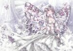  1girl bow breasts bug butterfly cleavage dress flower gem hair_bow hane_segawa highres metal_wings multiple_hair_bows original pink_eyes pink_gemstone solo white_bow white_dress white_flower white_hair 