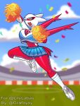  anthro biped blurred_background bottomwear breasts cheerleader cleavage clothed clothing eyelashes female generation_3_pokemon grafayay hi_res latias legendary_pokemon navel nintendo open_mouth pokemon pokemon_(species) red_body skirt sky smile solo yellow_eyes 