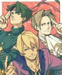 3boys ace_attorney armband ascot blonde_hair blunt_ends border buttons chain_necklace closed_mouth earrings error finger_to_head gakuran green_jacket grin hair_between_eyes hair_intakes hair_over_shoulder hand_up headband high_collar jacket jewelry kazuma_asogi klavier_gavin lapels long_sleeves male_focus medium_hair miles_edgeworth multiple_boys necklace open_collar outside_border pointing pointing_at_self purple_jacket red_background red_headband red_jacket ring salute school_uniform shino_(shino_dgs) short_hair single_earring smile suit_jacket two-finger_salute very_short_hair white_ascot white_border 