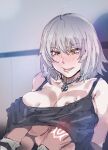  1boy 1girl ahoge blush bow_(bhp) breasts fate/grand_order fate_(series) fujimaru_ritsuka_(male) grabbing grabbing_another&#039;s_breast grey_hair hair_between_eyes jeanne_d&#039;arc_alter_(fate) jewelry large_breasts necklace short_hair tagme yellow_eyes 