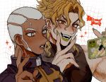  2boys blonde_hair blush cellphone commentary_request dark-skinned_male dark_skin dio_brando enrico_pucci fangs green_lips green_nails highres holding holding_phone jewelry jojo_no_kimyou_na_bouken looking_at_phone male_focus medium_hair multiple_boys muscular muscular_male neg_50asu phone priest red_eyes smartphone smile sparkle stone_ocean the_world v vampire white_hair 