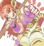  1girl ;d animal_ears armlet body_fur bottomless breath_of_fire breath_of_fire_ii facial_mark fang fingerless_gloves gloves green_eyes holding holding_staff lowres one_eye_closed orange_hair purple_gloves rinpoo_chuan short_hair sicky_(pit-bull) smile solo staff striped_tail tail teeth tiger_ears tiger_girl whisker_markings 