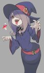  1girl absurdres collagen dress grey_background hair_over_one_eye hat highres little_witch_academia long_hair open_mouth pale_skin red_eyes sharp_teeth simple_background solo sucy_manbavaran teeth wide_sleeves witch witch_hat 