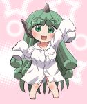  1girl barefoot blush buttons collarbone full_body green_eyes green_hair highres horns komano_aunn long_hair looking_at_viewer open_mouth oversized_clothes rokugou_daisuke shirt signature single_horn sleeves_past_fingers sleeves_past_wrists smile solo touhou white_shirt 