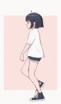  1girl 1ssakawaguchi ahoge animated animated_gif black_footwear black_hair black_shorts blush bob_cut converse detached_ahoge high_tops highres looping_animation original profile shirt shoes short_hair short_shorts short_sleeves shorts skipping sneakers solo t-shirt white_shirt 