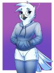  anthro avian bird bottomless clothed clothing cute_expression female fish_birb genitals hand_in_pocket hi_res legwear owl pockets pussy solo sweater thigh_highs topwear tyra_(arathemacaw) 