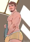  1boy akiyama_(aki11018655) arm_hair bara beard_stubble blush briefs brown_hair bulge feet_out_of_frame from_side hand_in_underwear hand_under_clothes highres holding holding_clothes holding_shirt large_pectorals long_sideburns looking_at_viewer male_focus male_underwear mature_male muscular muscular_male mustache_stubble nipples no_pupils original pectorals shirt short_hair sideburns solo topless_male underwear window_shade yellow_male_underwear 