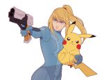  1girl :3 blonde_hair blue_bodysuit blue_eyes bodysuit commentary company_connection cowboy_shot crossover frown gun handgun hanpetos high_ponytail holding holding_gun holding_pokemon holding_weapon metroid nintendo paralyzer pikachu pokemon pokemon_(creature) ponytail samus_aran serious simple_background skin_tight super_smash_bros. weapon white_background zero_suit 