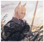  1boy animal_ear_fluff animal_ears arknights black_coat blonde_hair blurry blurry_foreground border cloud cloudy_sky coat dated frown gauntlets grey_sky holding holding_sword holding_weapon horse_boy horse_ears looking_to_the_side male_focus mlynar_(arknights) oisyox72 outdoors rain reeds short_hair signature sky solo sparkle sword upper_body weapon yellow_eyes 