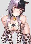  1girl :/ all_fours animal_ears animal_print bare_shoulders bell bikini black_collar black_hair blunt_bangs breasts cipher4109 cleavage closed_mouth collar cow_ears cow_print cow_print_bikini cowbell grey_background highres hololive hololive_english large_breasts looking_at_viewer multicolored_hair neck_bell print_bikini print_thighhighs shiori_novella simple_background solo split-color_hair swimsuit thighhighs thighs virtual_youtuber white_hair yellow_eyes yorick_(shiori_novella) 