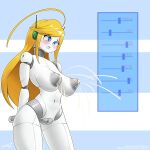  1:1 areola big_breasts blonde_hair blue_eyes blush bodily_fluids body_slider breast_expansion breasts cave_story curly_brace expansion female genitals hair hi_res huge_breasts humanoid lactating looking_pleasured machine milk navel nipples nude open_mouth pussy robot robot_humanoid signature solo standing text thick_thighs white_body wide_hips zedrin 
