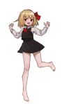  1girl :d arms_up ascot bad_id bad_twitter_id bare_legs barefoot black_skirt black_vest blonde_hair blush bob_cut claw_pose collared_shirt colored_eyelashes dilated_pupils hair_ribbon highres leg_up legs long_legs looking_at_viewer miniskirt open_mouth red_ascot red_eyes red_ribbon reddizen ribbon rumia sharp_teeth shirt short_hair simple_background sketch skirt skirt_set smile solo standing teeth touhou upper_teeth_only vest w_arms white_background white_shirt wing_collar 