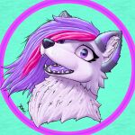  absurd_res anthro canid canine canis fangs female fluffy fur green_background grey_body grey_fur hair hi_res icon mammal open_mouth purple_body purple_eyes purple_fur purple_hair purple_tongue simple_background solo tami_wolf tami_wolx teeth tongue watermark wolf 