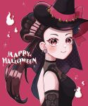  1girl black_dress brown_hair dress earrings from_side happy_halloween hat highres jewelry looking_at_viewer nemui_o23 official_alternate_costume pink_background pokemon pokemon_(game) pokemon_masters_ex red_eyes roxanne_(fall_2023)_(pokemon) roxanne_(pokemon) sparkle upper_body witch_hat 