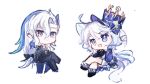  1boy 1girl antennae black_bow black_footwear black_pants blue_bow blue_eyes blue_hair blue_headwear bow chibi crossed_legs crown furina_(genshin_impact) genshin_impact hair_bow hat hat_bow heterochromia highres long_hair looking_at_viewer low-tied_long_hair mismatched_pupils multicolored_hair neuvillette_(genshin_impact) pants shoes simple_background sitting socks streaked_hair top_hat tuantuanhaoe white_background white_hair white_socks 