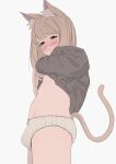  1boy absurdres akaihoppe animal_ears black_sweater blush brown_eyes bulge cat_boy cat_ears cat_tail clothes_lift crossdressing highres lifted_by_self light_brown_hair long_hair looking_at_viewer male_focus original otoko_no_ko panties pink_nails simple_background sweater sweater_lift tail underwear white_background white_panties 