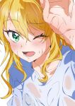  1girl absurdres blonde_hair blue_shirt blush close-up collarbone eyelashes green_eyes highres hoshii_miki hot idolmaster idolmaster_(classic) idolmaster_million_live! idolmaster_million_live!_theater_days katsu_(kana) long_hair lower_teeth_only messy_hair one_eye_closed open_mouth see-through see-through_shirt shirt solo sweat sweatdrop sweaty_clothes teeth upper_body wiping_sweat 