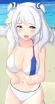  1girl 2-butani absurdres alternate_costume animal_ears beach bikini blurry blurry_background blush breasts cleavage collarbone commentary_request grey_eyes grey_hair highres hishi_miracle_(umamusume) horse_ears horse_girl horse_tail large_breasts looking_at_viewer medium_hair ocean solo swimsuit tail umamusume 