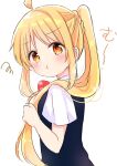  1girl ;t ahoge blonde_hair blush bocchi_the_rock! closed_mouth commentary_request hair_over_shoulder highres ijichi_nijika long_hair looking_at_viewer nanami_ayane_(kusunoki5050) orange_eyes pout school_uniform side_ponytail sidelocks simple_background solo white_background 
