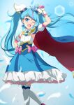  1girl ;d arm_up blue_background blue_eyes blue_hair blue_skirt blush bow cure_sky detached_sleeves diagonal_bangs feathers feet_out_of_frame fingerless_gloves floating_hair frilled_skirt frills gloves gradient_hair highres hirogaru_sky!_precure holding long_hair multicolored_hair one_eye_closed over-kneehighs pink_bow pink_hair precure puffy_short_sleeves puffy_sleeves shirt short_sleeves skirt sleeveless sleeveless_shirt smile solo sora_harewataru standing streaked_hair thighhighs tsuyukina_fuzuki twintails very_long_hair white_gloves white_shirt white_sleeves white_thighhighs 
