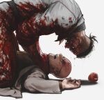  2boys apple atomic_heart bald beard belt black_belt black_hair blood blood_on_clothes blood_on_face char-les_(atomic_heart) facial_hair food fruit fukurau glasses grey_jumpsuit jumpsuit lab_coat lying male_focus multiple_boys on_back open_clothes open_mouth p-3_(atomic_heart) shirt short_hair spoilers strangling 