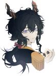  1boy animal_ears arknights bishounen black_hair bow character_name closed_mouth dice ebenholz_(arknights) epaulettes frown goat_boy goat_ears goat_horns hair_between_eyes hair_bow highres horns kamiki_hukenoshi long_hair looking_at_viewer looking_back male_focus ponytail portrait purple_eyes red_bow simple_background solo white_background 