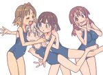  4girls :d :t @_@ absurdres annoyed bare_arms bare_legs bare_shoulders barefoot blue_hair blue_one-piece_swimsuit blunt_bangs blunt_ends blush_stickers breasts brown_hair closed_eyes colored_inner_hair drooling fang flat_chest girl_sandwich grey_hair hair_between_eyes hair_intakes hands_on_own_cheeks hands_on_own_face highres himejoshi hozuki_momiji hug imamura_ryou large_breasts long_hair multicolored_hair multiple_girls murosaki_miyo oka_asahi one-piece_swimsuit onii-chan_wa_oshimai! open_mouth orange_hair oyama_mahiro pout red_hair sandwiched short_hair simple_background small_breasts smile swimsuit two-tone_hair v-shaped_eyebrows wavy_mouth white_background 