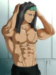  1boy abs bara bulge cowboy_shot drying drying_hair green_hair highres large_pectorals long_sideburns looking_ahead male_focus male_pubic_hair muscular muscular_male navel nipples one_piece pectorals pinattsu pubic_hair pubic_hair_peek roronoa_zoro scar scar_across_eye short_hair sideburns solo stomach topless_male wet 