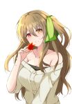  1girl 7-mzk armpit_crease assault_lily bare_shoulders blush breasts brown_hair buttons cardigan cleavage collarbone fingernails green_ribbon grey_cardigan hair_between_eyes hair_ribbon hand_up head_tilt heterochromia highres holding holding_leaf kuo_shenlin large_breasts leaf light_smile long_hair looking_at_viewer maple_leaf nail_polish off_shoulder one_side_up parted_lips red_eyes ribbon simple_background sleeves_past_elbows solo upper_body very_long_hair white_background yellow_eyes yellow_nails 