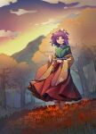  1girl cloud floral_print flower forest frills full_body green_kimono hair_flower hair_ornament hakama hakama_skirt hieda_no_akyuu highres japanese_clothes kimono looking_at_viewer mountain multicolored_clothes nature open_mouth purple_hair red_eyes red_hakama shishui_guima short_hair skirt sky socks spider_lily sunset touhou wide_sleeves yellow_sleeves 