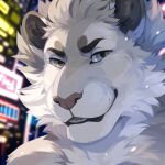  1:1 absurd_res anthro black_eyebrows blue_eyes blurred_background bust_portrait cheek_tuft corzh77 eyebrows facial_tuft fur glistening glistening_eyes grey_body grey_fur hi_res light_body light_fur looking_at_viewer male multicolored_body multicolored_fur neck_tuft nude portrait smile solo tan_body tan_fur tuft white_body white_fur 
