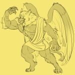  1:1 anthro avian awarebear beak big_wings claws clothing collar feathers gryphon male muscular muscular_anthro muscular_male mythological_avian mythology nipples sharp_claws simple_background solo tail toga were weregryphon wings yellow_background 