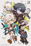  2boys animalization arknights armband black_footwear black_gloves black_jacket blue_eyes blue_hair boots brown_footwear cat closed_mouth crossbow crossed_fingers dagger fang faust_(arknights) feathers gloves green_eyes grey_sweater highres jacket knife mephisto_(arknights) multiple_boys open_mouth pale_skin pants pointy_ears scales sheath sheathed shoes single_glove smile snake_tail socks south_ac sweater tail turtleneck turtleneck_sweater weapon white_hair white_jacket white_pants white_socks 