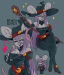  anthro bianca_(cibastion) big_breasts big_ears breasts chibi cibastion cleavage clothed clothing eyes_closed female fire fur grey_body grey_fur hair hat headgear headwear huge_thighs long_hair magic mammal murid murine open_mouth purple_hair rat rodent simple_background smile solo sparkles staff tail teeth text thick_thighs wide_hips witch_costume witch_hat 