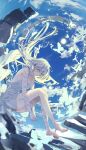  1girl bare_shoulders blue_sky breasts bug butterfly cleavage commentary_request dress feet floating floating_hair floating_rock full_body grey_eyes highres long_hair looking_at_viewer medium_breasts original ribbon sky syuri22 white_dress white_hair white_ribbon 