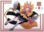  1girl animal_ear_fluff animal_ears b.d bare_shoulders black_skirt bow braid breasts fate/samurai_remnant fate_(series) fox_ears fox_girl fox_tail full_body hair_between_eyes hair_bow highres japanese_clothes katana kimono long_hair looking_at_viewer obi off_shoulder pink_hair platform_footwear sash sidelocks skirt small_breasts smile solo sword tail tamamo_(fate) tamamo_aria_(fate) thighhighs twintails variant_set weapon white_thighhighs wide_sleeves yellow_bow yellow_eyes yellow_kimono 