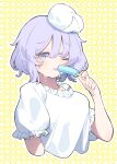  1girl blue_eyes border breasts collar food frilled_collar frilled_sleeves frills garasuno hand_up hat highres holding holding_food holding_ice_cream ice_cream letty_whiterock light_purple_hair melting nail_polish pink_nails puffy_short_sleeves puffy_sleeves shirt short_hair short_sleeves solo sweat sweatdrop tongue tongue_out touhou upper_body white_border white_shirt yellow_background 