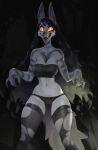  anthro black_hair bonifasko bonika_(bonifasko) claws clothed clothing female finger_claws fur grey_body grey_fur hair hi_res legwear looking_at_viewer open_mouth solo torn_clothing torn_legwear underwear 