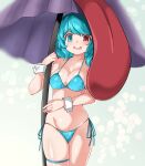  1girl absurdres aqua_hair bikini blue_bikini blue_eyes blush breasts cleavage collarbone cowboy_shot groin heterochromia highres huyusilver karakasa_obake large_breasts open_mouth red_eyes short_hair solo swimsuit tatara_kogasa thigh_strap touhou umbrella wrist_cuffs 