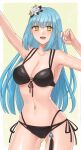  1girl :d absurdres arm_up ass_visible_through_thighs bikini black_bikini blue_hair breasts cameltoe commentary_request commission eiyuu_densetsu gloves hair_ornament hazuki_(nyorosuke) highres kuro_no_kiseki kuro_no_kiseki_ii long_bangs long_hair looking_at_viewer medium_breasts multi-strapped_bikini navel risette_twinings smile solo swimsuit yellow_eyes 