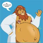  anthro belly bodily_fluids dialogue doctor father_(lore) felid hi_res lactating lion male male_lactation mammal mature_male milk navel pantherine parent_(lore) pecs pregnant pregnant_male rub_lug solo speech_bubble text unborn_kicking 