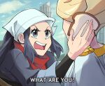  1boy 1girl akari_(pokemon) black_hair black_shirt blonde_hair bread bread_slice cloud commentary day english_text eyelashes food grey_eyes grey_jacket head_scarf holding holding_food idiot_sandwich_(meme) jacket meme open_mouth outdoors pillar pokemon pokemon_(game) pokemon_legends:_arceus red_scarf rei_(esprei96) scarf shirt sidelocks sky subtitled teeth tongue upper_body upper_teeth_only volo_(pokemon) white_headwear white_shirt 